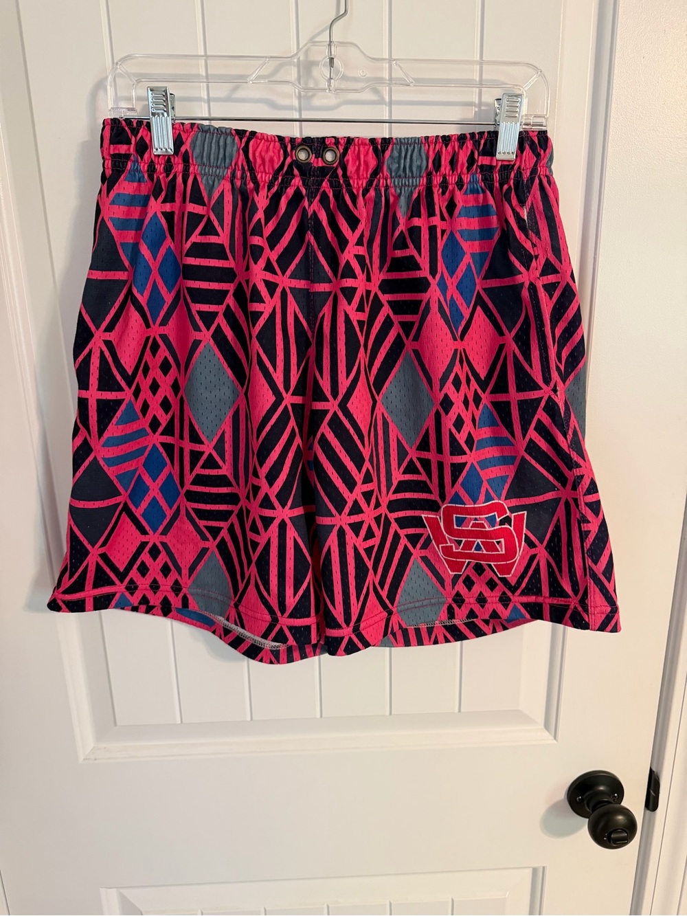 Stoned WRLD Mesh Basketball Shorts Pink Navy Blue Geometric Graphic